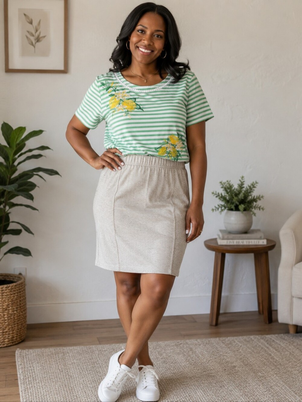 alfred dunner Green Striped Lemon Embroidered Scoop Neck Top
